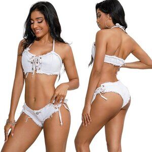 RuoFeng Women's Denim Bikini Set with Jeans Shorts and Bra